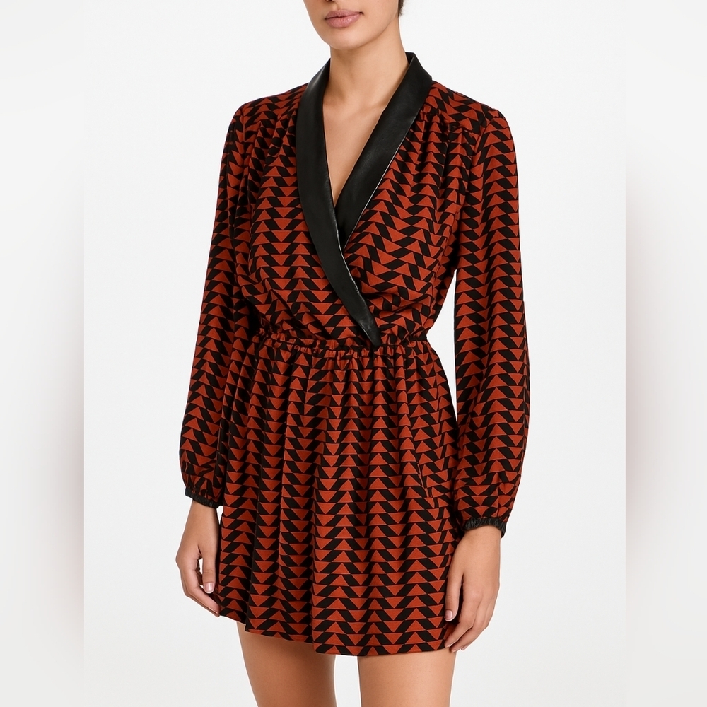 Alice & Trixie Geo Print Faux Leather Collar Silk Dress